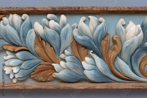 Detailed carved floral border in light blue and brown tones.