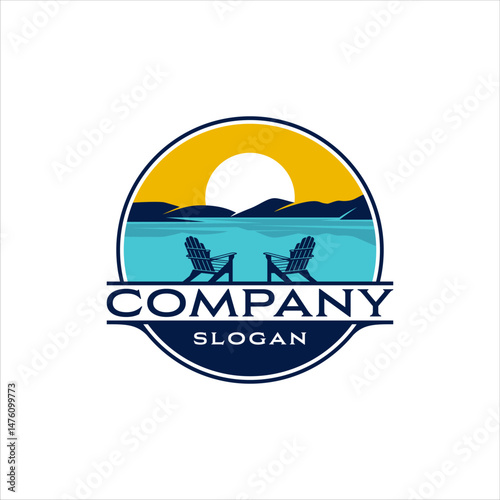 Adirondack chairs lake logo in badge with classic style design