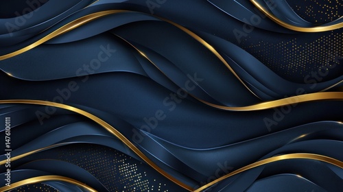 A blue and gold background with a wavy pattern. Scene is elegant and sophisticated