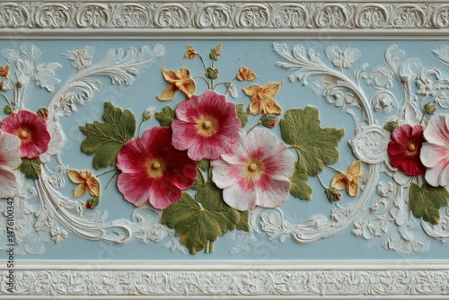 Ornate floral border design on light blue background.