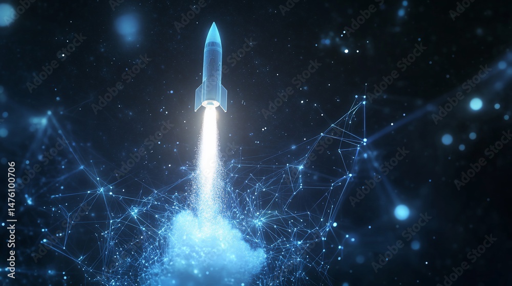 Fototapeta premium Futuristic rocket launch into a digital network