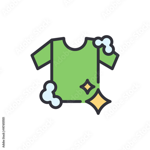 Laundry Shirt Icon Showing Cleanliness With Bubbles And Shining Star