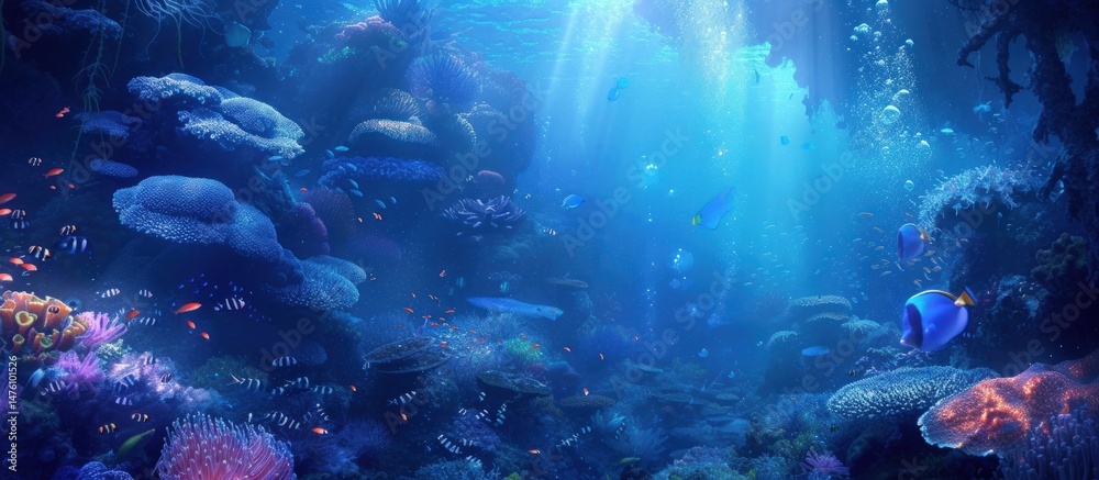 Fototapeta premium Beautiful undersea scene of blue idyll ocean water nature view landscape. Generate AI image