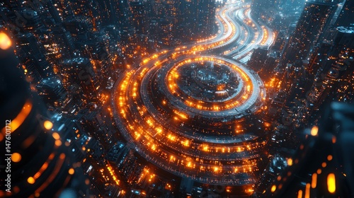 Futuristic Cityscape Aerial View of a Spiraling Highway at Night