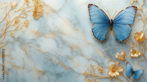 Blue Morpho Butterfly on Marble Background