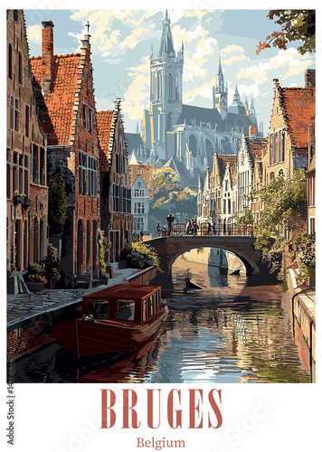 Bruges, Belgium Vector Illustration. Canal, Buildings, and Cathedral.