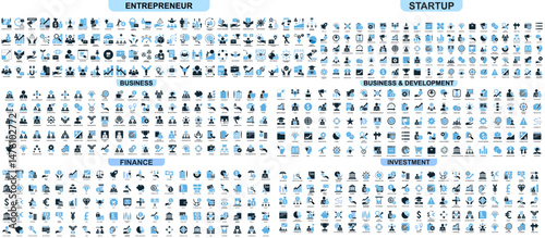 Mega set entrepreneur startup business and development finance and investment icon vector for economy. Ideal for startup kit, economy tools, and venture visuals.
