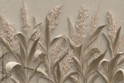 A beige, textured, floral border design with stylized grasses.
