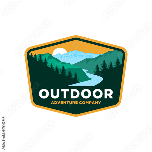 River hill valley logo with mountain background in vintage style badge design