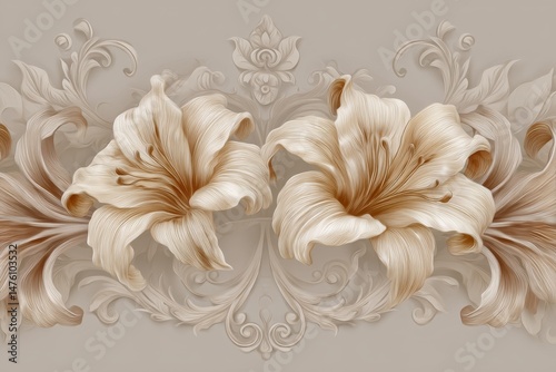 Ornate floral design in light beige and tan tones.