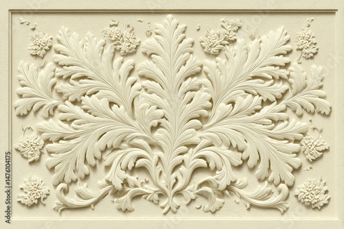 Ornate, light beige, relief carving, detailed floral, design panel, for wall decor.