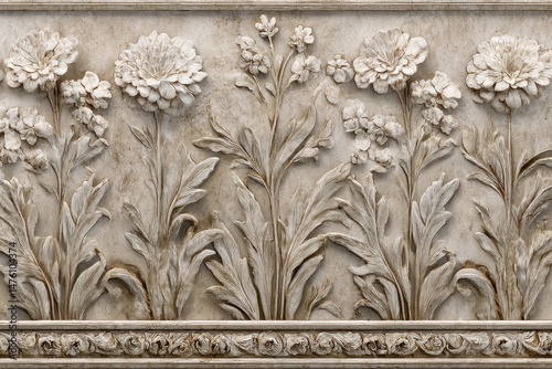 Ornate floral relief carving, a light beige pattern.