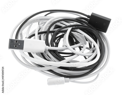 Tangled Black and White USB Cables on Transparent Background