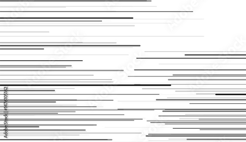 Black on white horizontal line from thick below to thin illustration. Speed line running comic texture black and white background. 