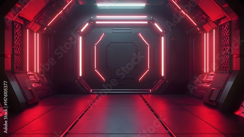 Futuristic corridor with vibrant glowing lights.