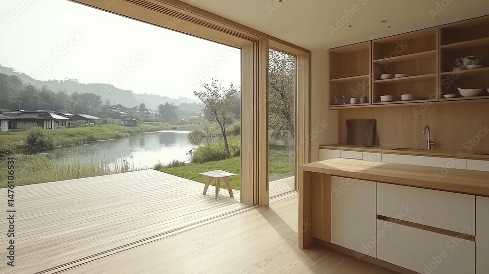Fototapeta premium Light-filled modern kitchen with panoramic views.