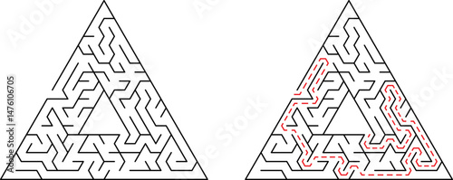 Complex triangular maze with solved path in red for problem solving and strategy