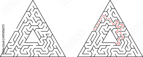 Triangle mazes representing problem solving and solutions with path highlighted in red