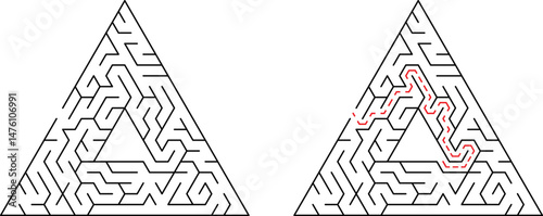 Triangular maze with solution path illustrating problem solving and strategic thinking