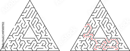 Triangular maze with solved path indicating complexity and solution finding