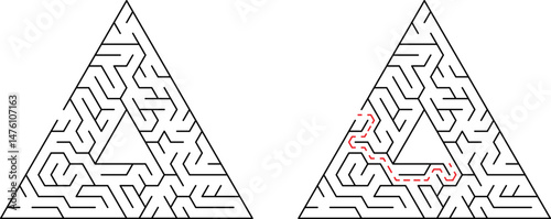 Complex triangular maze illustration with solution path and problem solving concept