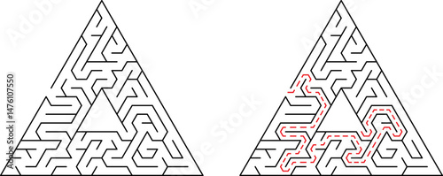 Triangular maze with solution paths illustrating the difficulty of navigating complex puzzles