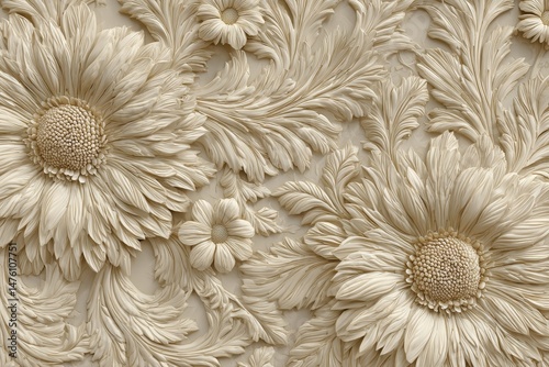 Ornate beige floral relief carving pattern.