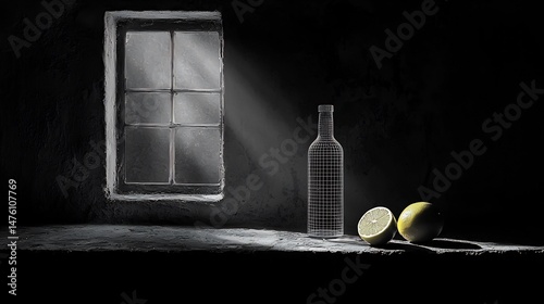 Still life of a wine bottle and lemons illuminated by a window. A sense of mystery and quietude permeates the scene photo