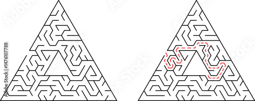 Complex triangle maze with solved path displaying the solution and challenge