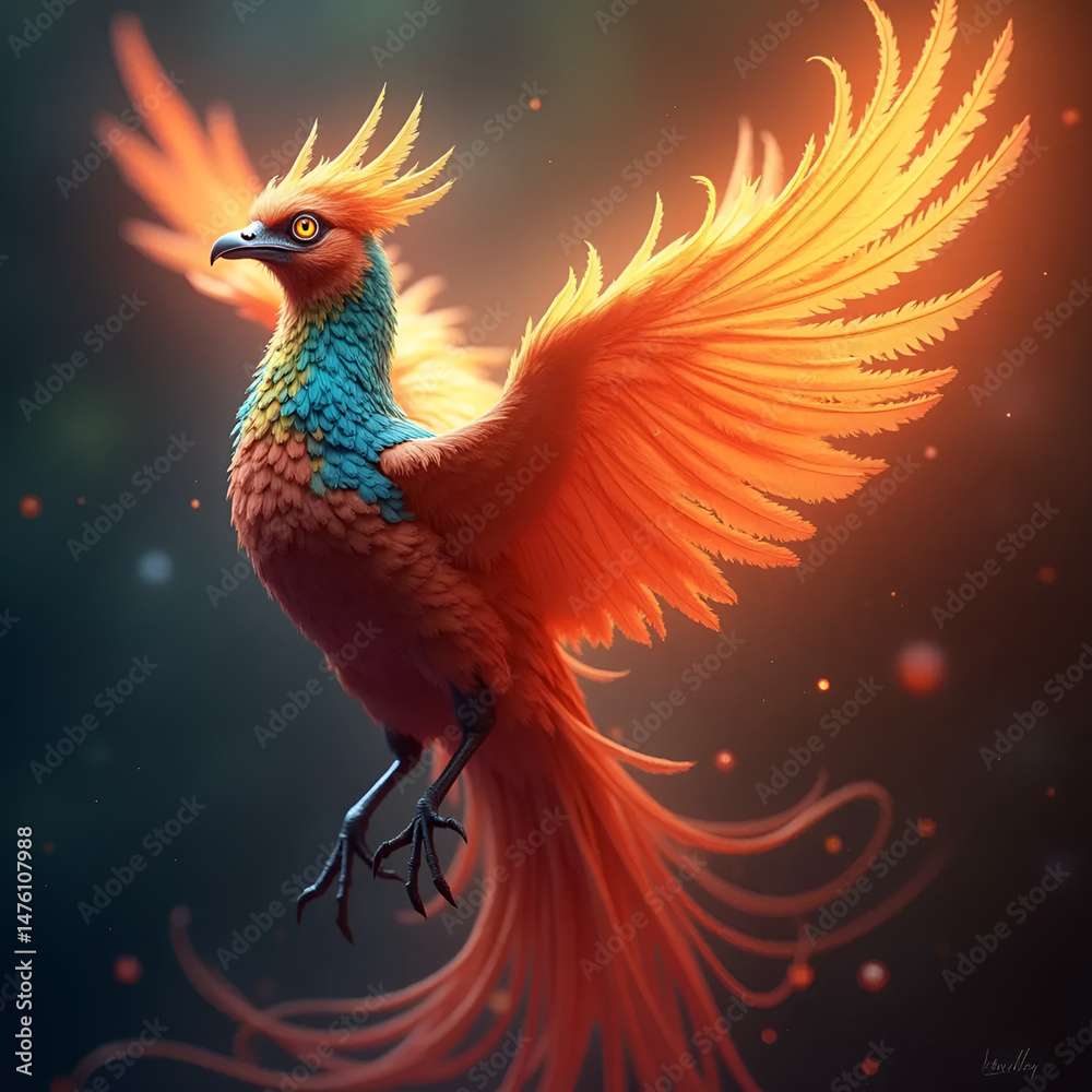 Obraz premium Fiery Phoenix Rising with Glowing Feathers and Open Wings
