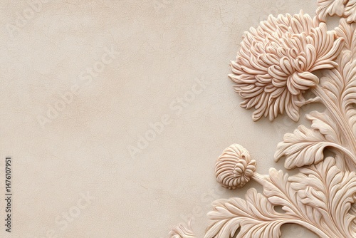 Beige floral bas-relief design on a light background.
