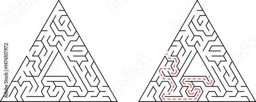 Challenging triangular maze with solved path illustrating problem solving and cognitive skills