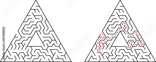 Two triangle mazes one solved illustrating problem solving logic and navigation