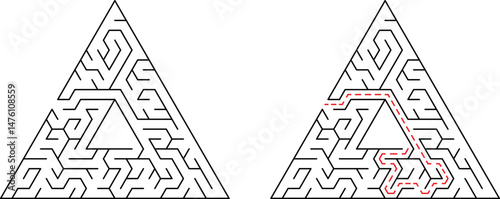Triangular maze illustration solved with a marked path and vector design concept