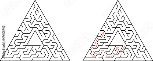 Triangular maze puzzle with solved path representing problem solving and decision making