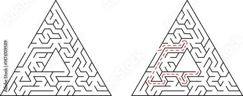 Triangle maze and solved path illustration demonstrating problem solving and solution finding