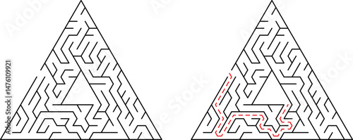 Complex triangular maze with solution path showing route to successful navigation