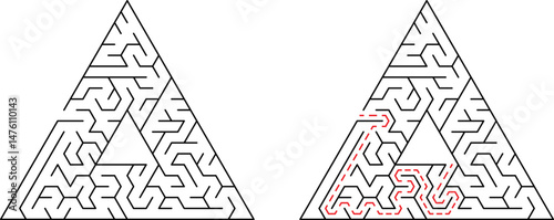 Triangular maze with solution path showing the right route to solve complex puzzle