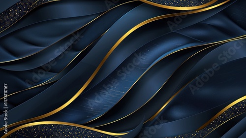 A blue and gold background with a wavy pattern. Scene is elegant and sophisticated