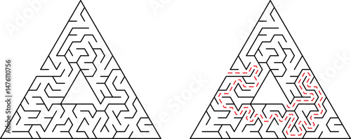 Triangular maze with solved path indicating solution and problem solving concept