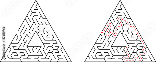 Triangular maze illustration depicting solution paths and problem solving concepts with style