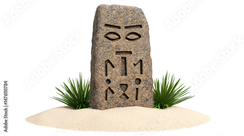 Ancient Stone Stele with Carvings in Desert Sand