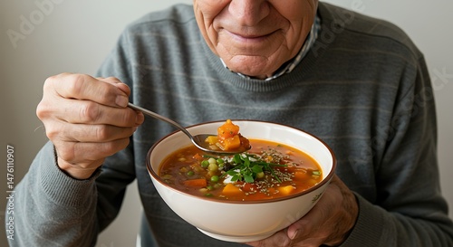 Man Eating Vegetable Soup with Spoon