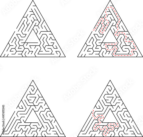 Four triangular mazes with solutions showing paths for problem solving and strategic thinking