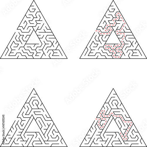 Triangular mazes and solutions illustrating problem solving strategy and logical reasoning