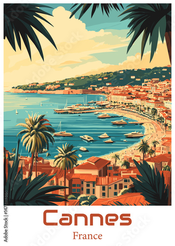 Cannes France Vector Illustration. Coastal Cityscape.