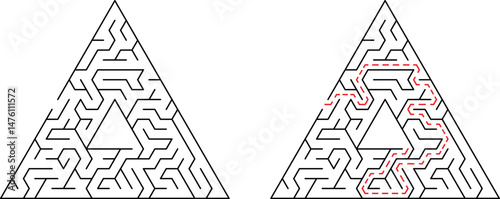 Triangular maze graphic with solution path showing route through the puzzling challenge