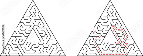 Triangular maze puzzle with solution path showing the correct way through the labyrinth