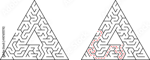 Two triangular maze puzzles with marked solution paths depicting problem solving strategies