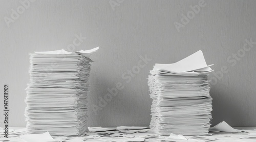 Two tall stacks of papers sit on a table with scattered scraps